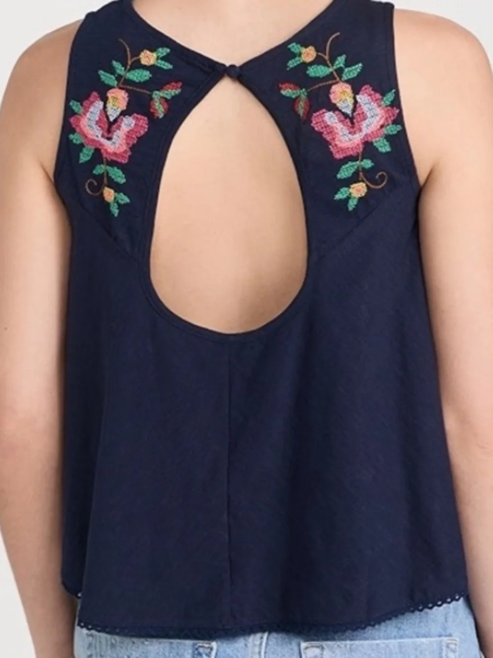 Free People Navy Floral Embroidered Tank Top